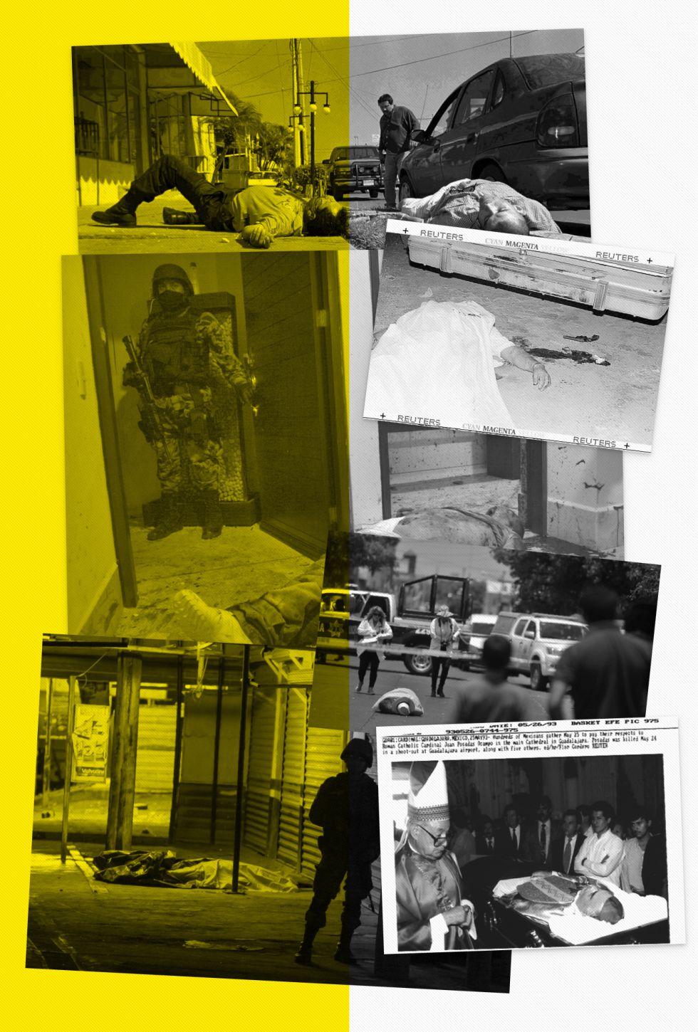 Escenas de violencia, de izquierda a derecha y de arriba a abajo: el asesinato de Ramón Arellano Félix en 2002; un hombre muerto tras un ajuste de cuentas en Ciudad Juárez en 1997; un militar junto al cadáver de Arturo Beltrán Leyva en 2009; el cuerpo del periodista asesinado Javier Valdez en 2017; víctimas de un tiroteo en Culiacán, también en 2017, y el funeral del cardenal Posadas, asesinado en 1993.