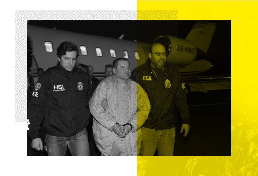 El Chapo, escoltado por miembros de la agencia antidrogas y de control fronterizo de EE UU (DEA e ICE) tras ser extraditado a Estados Unidos.