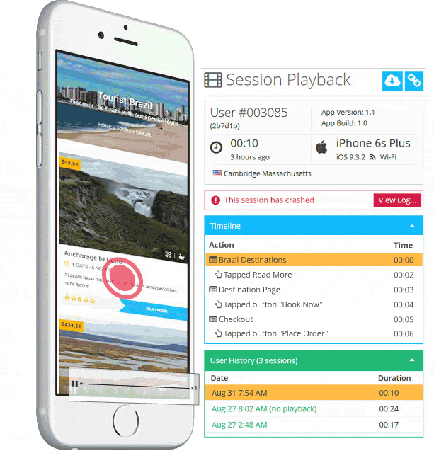 Reproducción de la sesión de Appsee en acción.