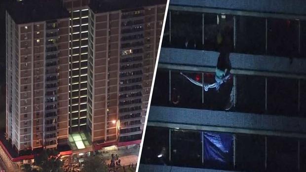 Arriesga su vida para escapar de incendio en torre de 15 pisos