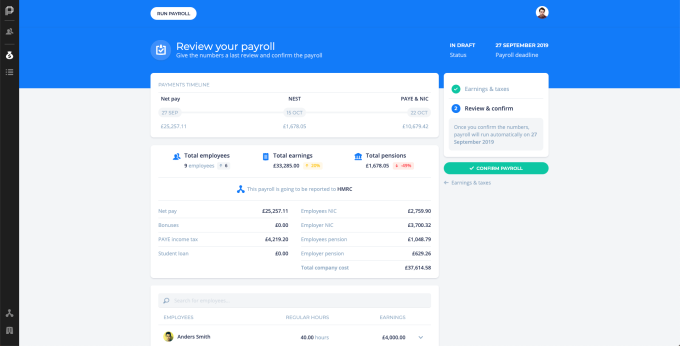 El producto del Reino Unido ejecuta la nómina de pago confirma el paso sin confirmar