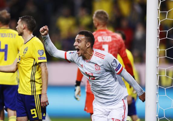 Rodrigo Moreno celebra el gol de la victoria de España