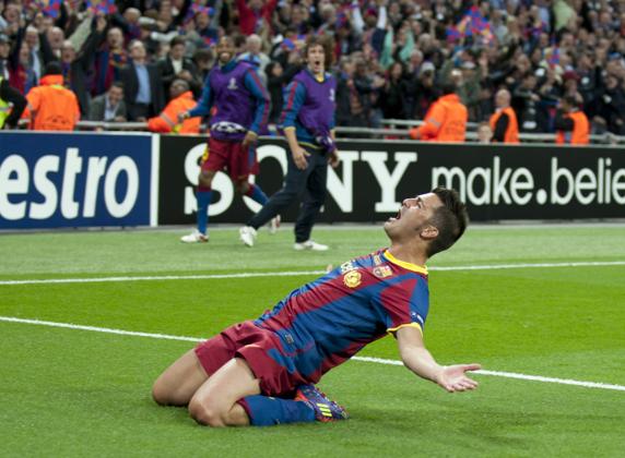 David Villa celebra su gol en la final de la Champions League de Wembley ante el Manchester United en el 2011