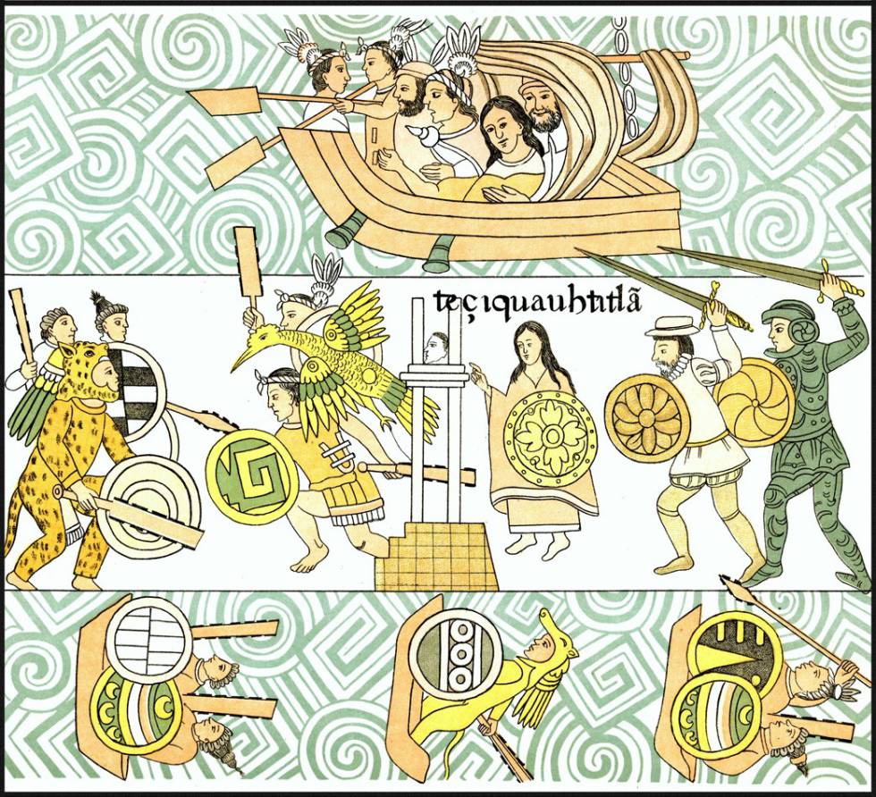 Ataque anfibio de las tropas españolas y tlaxcaltecas. Malinche y Cortés. Reproducción del Lienzo de Tlaxcala de 1584.