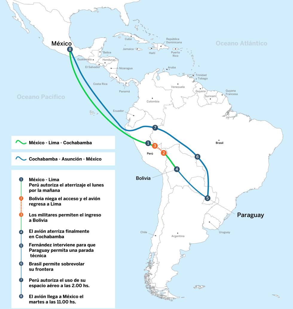 La ruta que siguió Evo Morales de Bolivia a México.