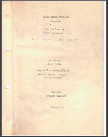 Contraportada de la carpeta del guion de 'El gallo de oro'.