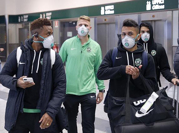 Los jugadores del Ludogorets, con mascarillas