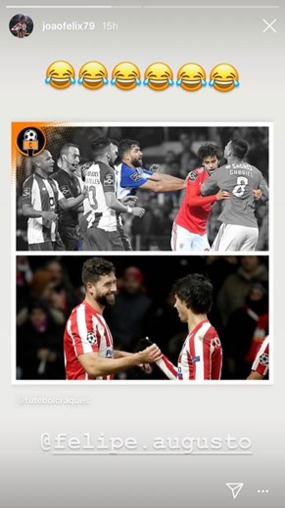 Joao Félix, jugador del Atlético de Madrid, compartió una imagen con Felipe Augusto Monteiro para recordar los clásicos entre Benfica y Porto.