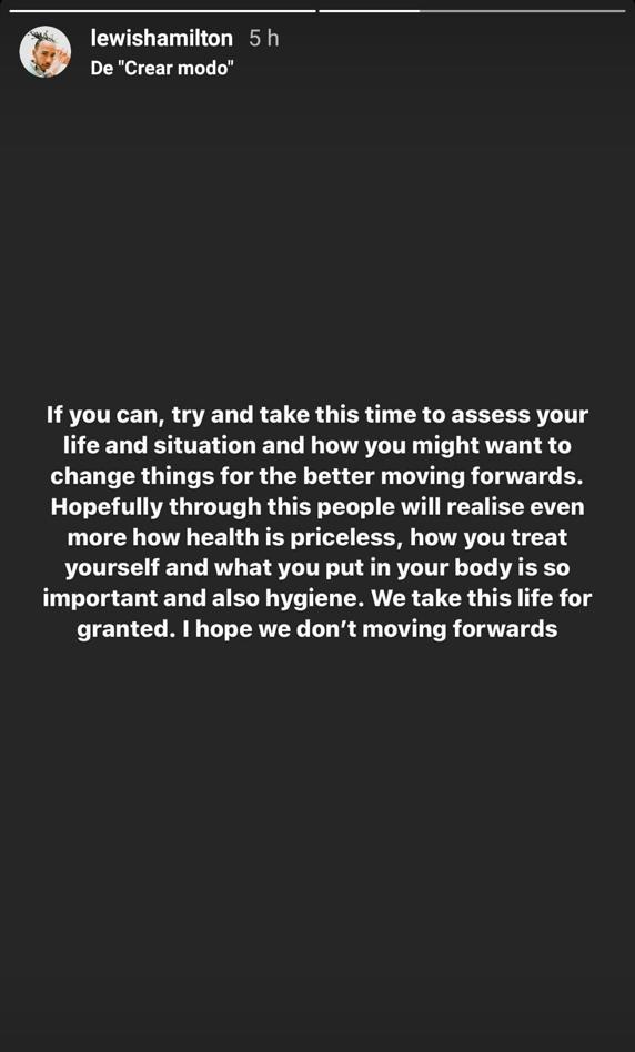 Lewis Hamilton compartió un mensaje en Instagram sobre el comportamiento egoísta de algunos ante el coronavirus