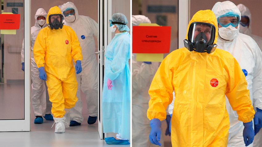 En traje protector: Putin visita a hospital de pacientes de COVID-19 y ordena vacaciones obligatorias