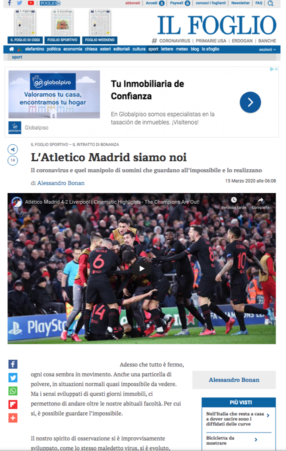 Italia, contra el coronavirus: “Somos el Atlético de Madrid”
