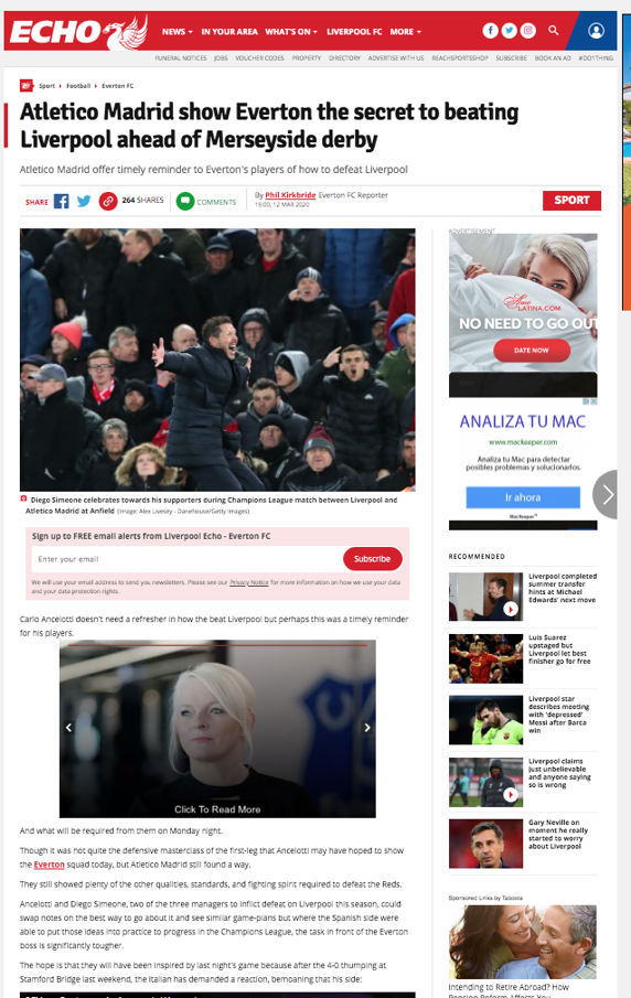 Recomiendan al Everton que se fije en el Atlético de Madrid para tumbar al Liverpool por fin.