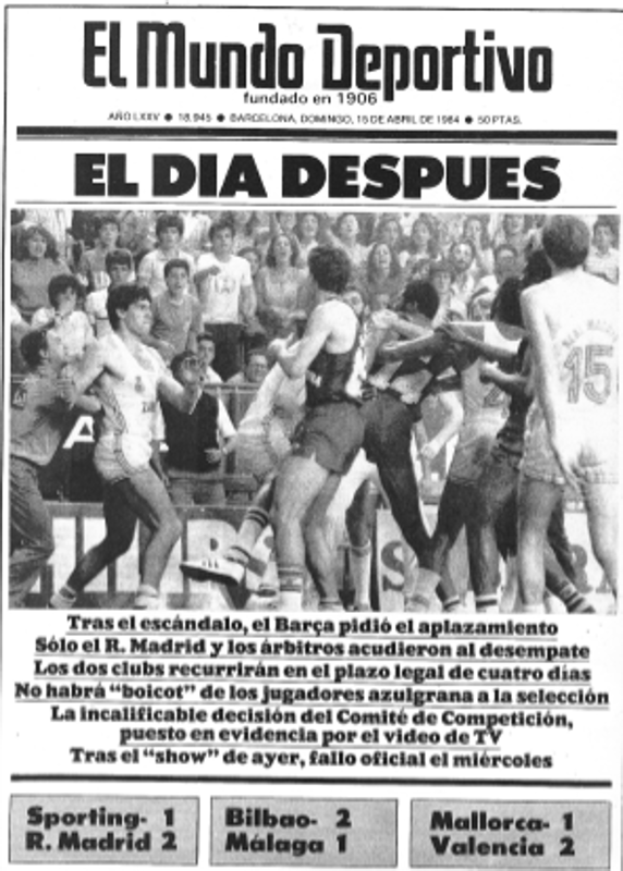 Portada de Mundo Deportivo tras el segundo partido de la final de la Liga ACB de 1984 entre Real Madrid y Barça