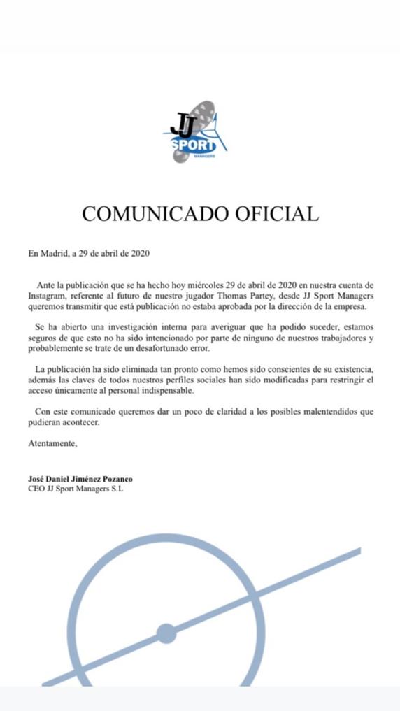 La agencia de representación de Thomas Partey salió al paso de un 'error' en sus publicaciones en redes sociales.