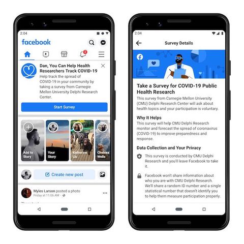 una maqueta de iphone muestra un ejemplo de lo que la nueva encuesta de seguimiento de síntomas de 19 covid de Facebook se parece