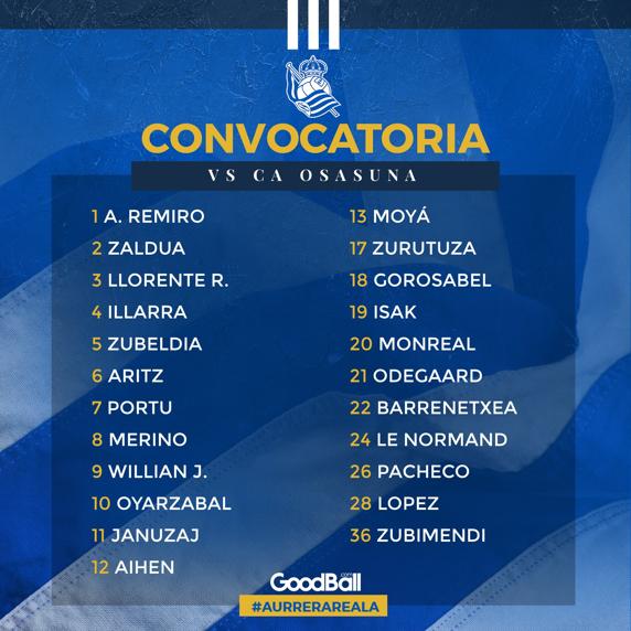 Convocatoria de la Real Sociedad para medirse a Osasuna en Anoeta