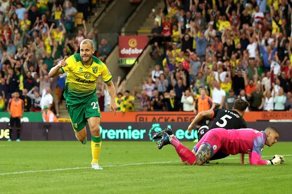 Teemu Pukki, tras marcarle al Manchester City en la victoria del Norwich City ante los de Guardiola