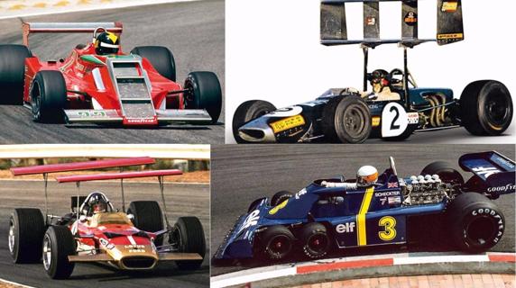 Coches con alerones extraños en la F1: March 711(arriba izquierda), Brabham BT23C (arriba a la derecha), Lotus 49B (abajo a la izquierda) y el Tyrrell P34 de 6 ruedas (abajo a la derecha)