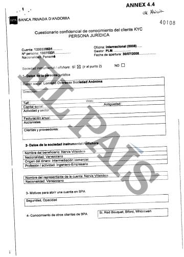 Cuestionario interno que rellenó en la BPA el exviceministro de Energía de Venezuela Nervis Villalobos.