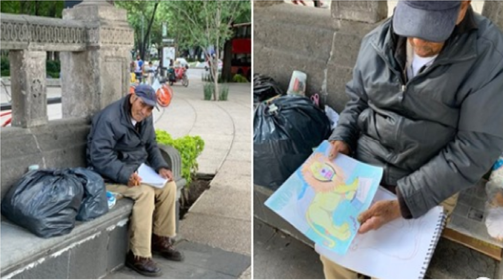 Abuelito hace dibujos para ganarse la vida, piden ayuda en redes sociales