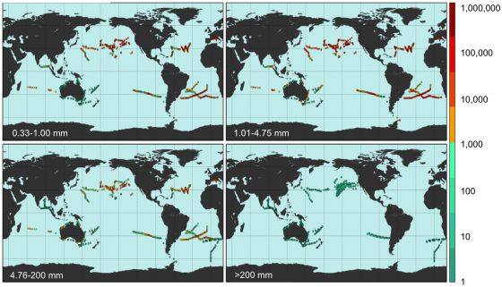 El gráfico muestra la abundancia de los plásticos clasificados por tamaños en las zonas estudiadas. Eriksen et al.