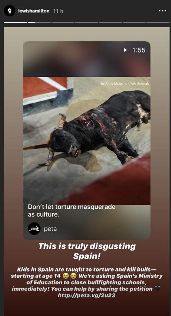 El Stories de Instagram de Lewis Hamilton contra los toros