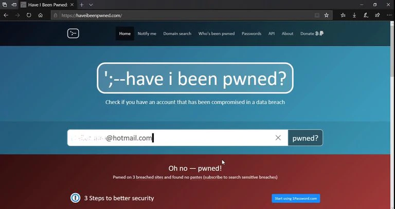 Captura de pantalla de la web Have I been pwned?