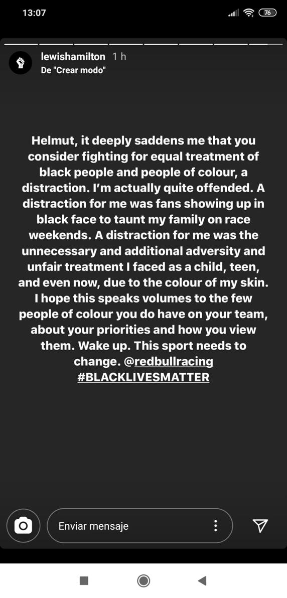 Lewis Hamilton respondió a Helmut Marko en su 'Stories' de Instagram