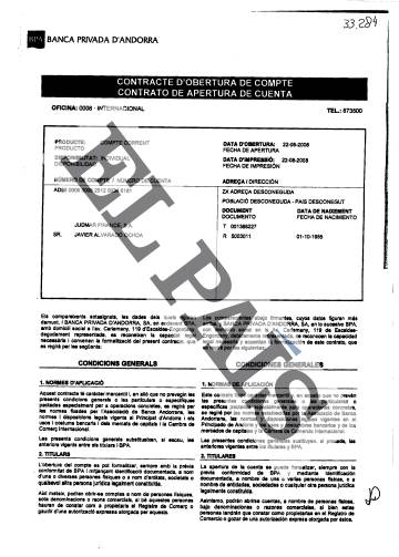 Contrato de apertura de una cuenta en la BPA del exviceministro de Energía de Venezuela Javier Alvarado Ochoa.