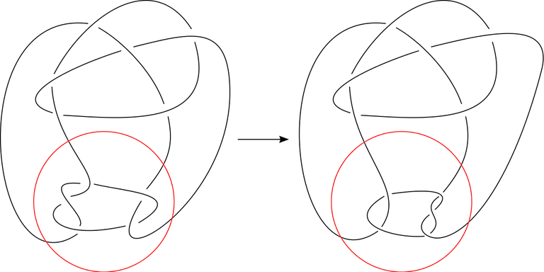 El nudo de Conway (derecha) y el nudo de Kinoshita-Terasaka (izquierda) son mutantes, es decir, uno puede obtenerse a partir del otro girando el círculo rojo.