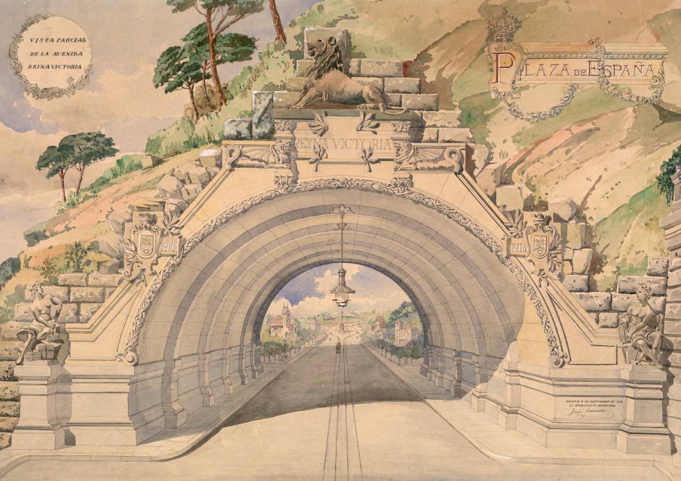 Túnel para la avenida de Reina Victoria, que uniría la plaza de España en línea recta con la estación del Norte, hoy Príncipe Pío.