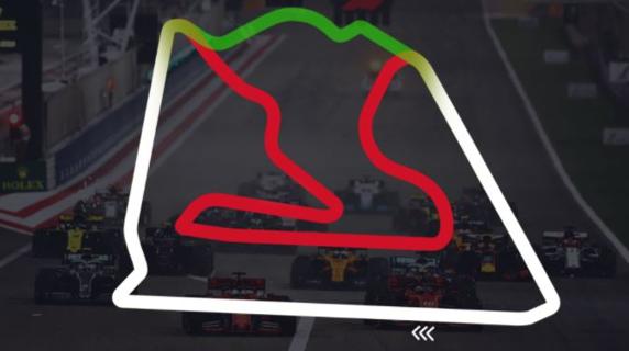 En rojo y blanco, la pista tradicional; en verde y blanco, la del GP de Sakhir
