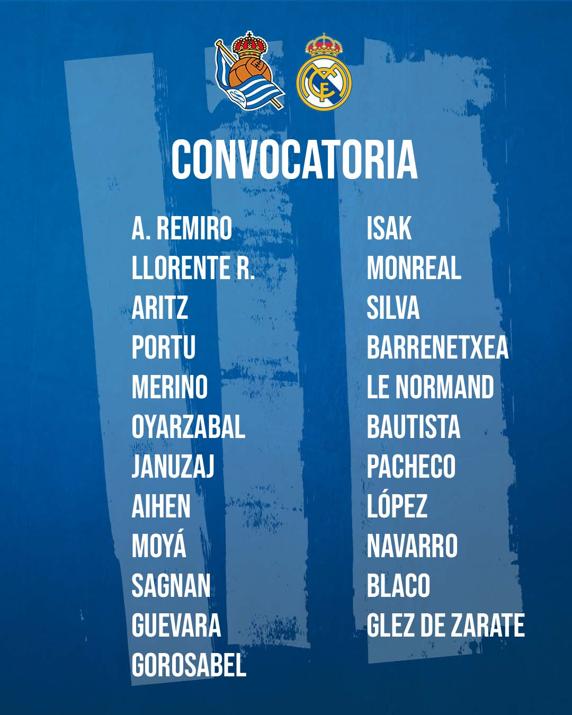 Convocatoria de la Real Sociedad contra el Real Madrid, con David Silva