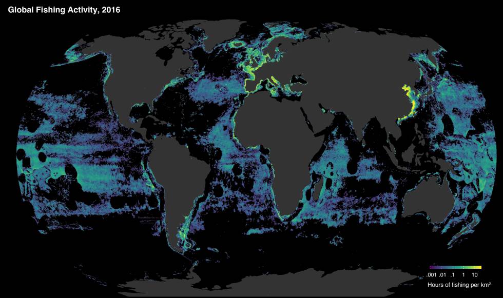 Cuanto más hacia el amarillo, más horas de pesca por kilómetro cuadrado.