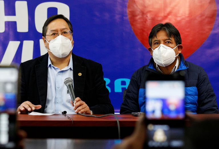 Los candidatos Luis Arce y David Choquehuanca, de la fórmula presidencial del MAS, en La Paz, el 8 de agosto.