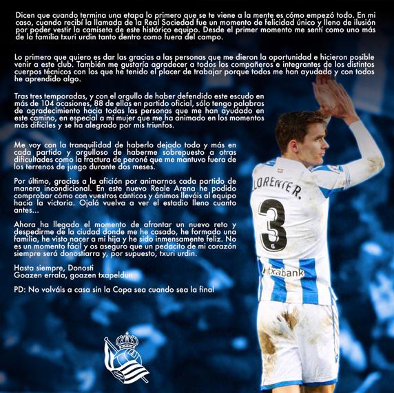 Diego Llorente se despide la afición de la Real Sociedad y de sus compañeros a través de una carta