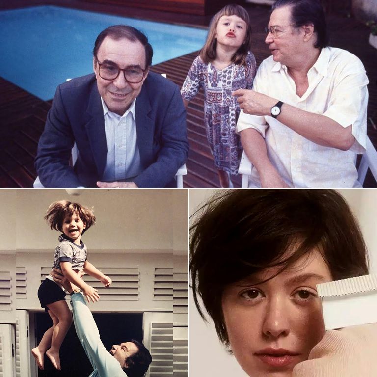 La cantante Maria Luiza Jobim, en la infancia, entre João Gilberto y su padre, Tom Jobim. Abajo, a la izquierda, jugando con su padre en casa. A la derecha, imagen de su primer álbum en solitario, ‘Casa branca’.