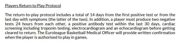 El artículo del Protocolo de Salud y Seguridad de la Euroliga que marca la cuarentena obligatoria mínima de 14 días para jugadores y técnicos contagiados.