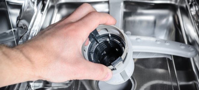 mano quitando el filtro del lavavajillas