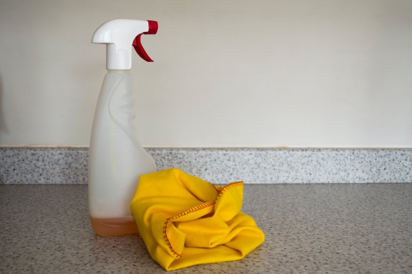 Una botella de spray y un trapo