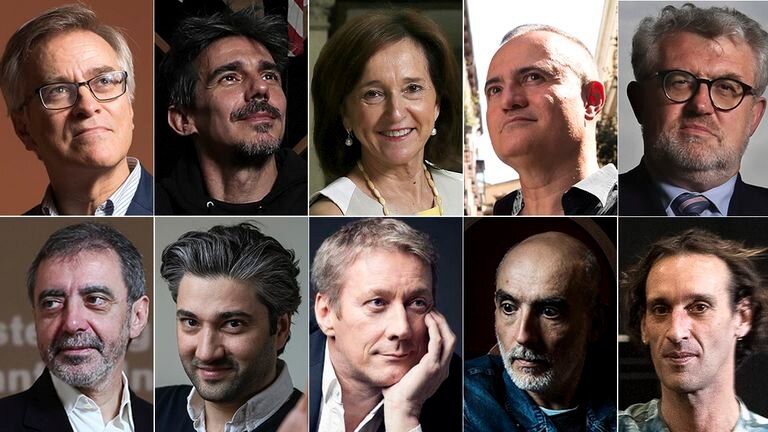 Arriba, de izquierda a derecha: Guillermo Solana, director del Museo Thyssen desde 2005; Joaquín de Luz, director desde 2019 de la Compañía Nacional de Danza; Ana Santos, directora desde 2013 de la Biblioteca Nacional; Joan Matabosch, director artístico del Teatro Real desde 2013, y Miguel Falomir, director desde 2017 del Museo del Prado. Abajo, de izquierda a derecha: Manuel Borja-Villel, director desde 2007 del Museo Reina Sofía; David Afkham, director desde 2019 de la Orquesta Nacional; Daniel Bianco, director desde 2015 del Teatro de La Zarzuela; Alfredo Sanzol, director desde 2020 del Centro Dramático Nacional, y Rubén Olmo, director desde 2019 del Ballet Nacional.