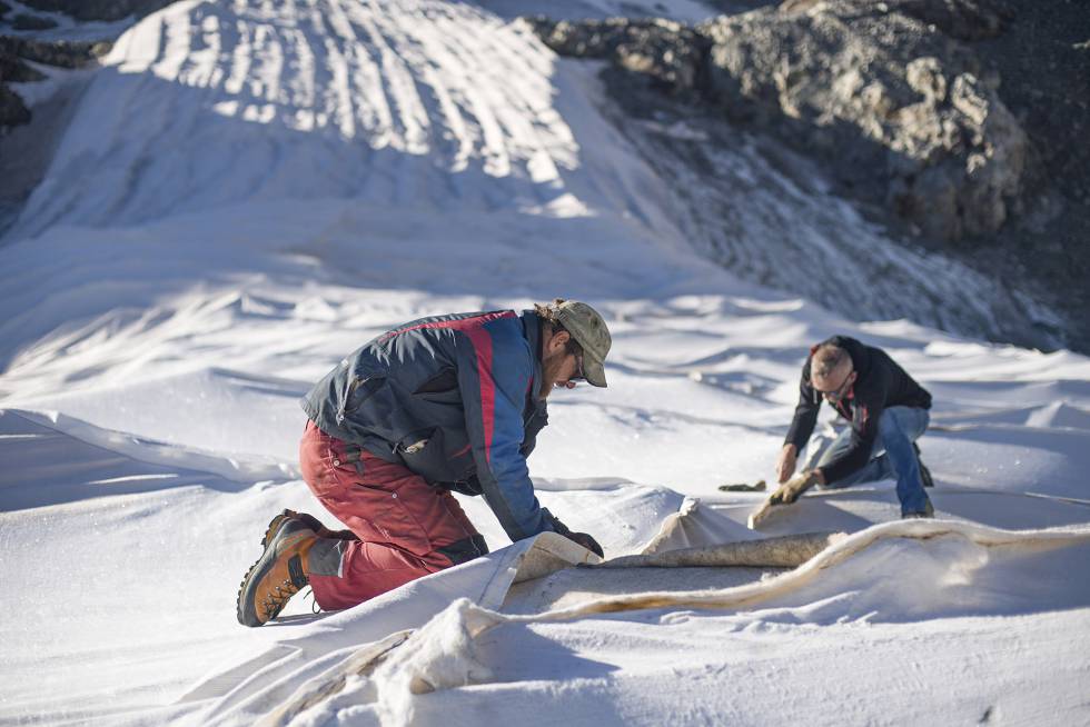 Dos personas retiran la tela protectora del glaciar alpino de Persena tras el verano.