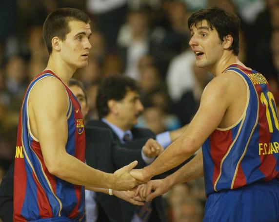 Christian Drejer, con Dejan Bodiroga durante su etapa en el Barça
