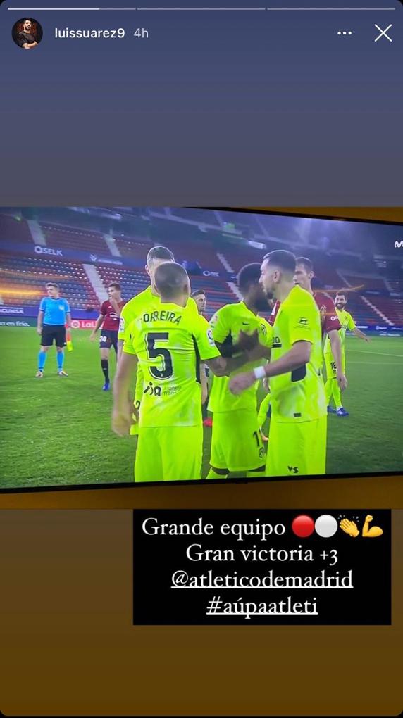 Luis Suárez felicita desde casa a su Atlético de Madrid por su triunfo