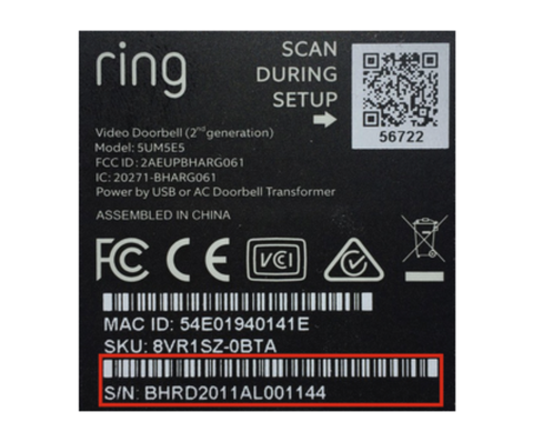 el modelo y el número de serie están impresos en una etiqueta en la parte posterior del timbre