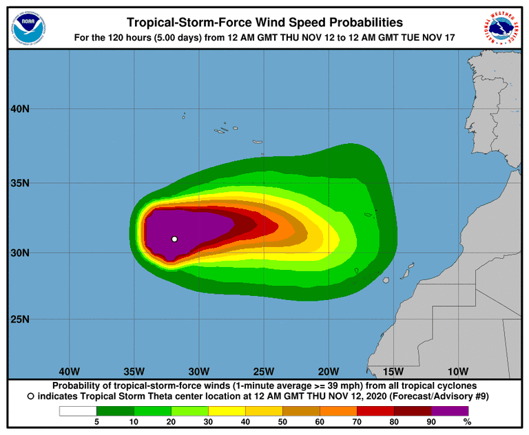 Trayectoria de la tormenta tropical Theta, según el último aviso del NHC.