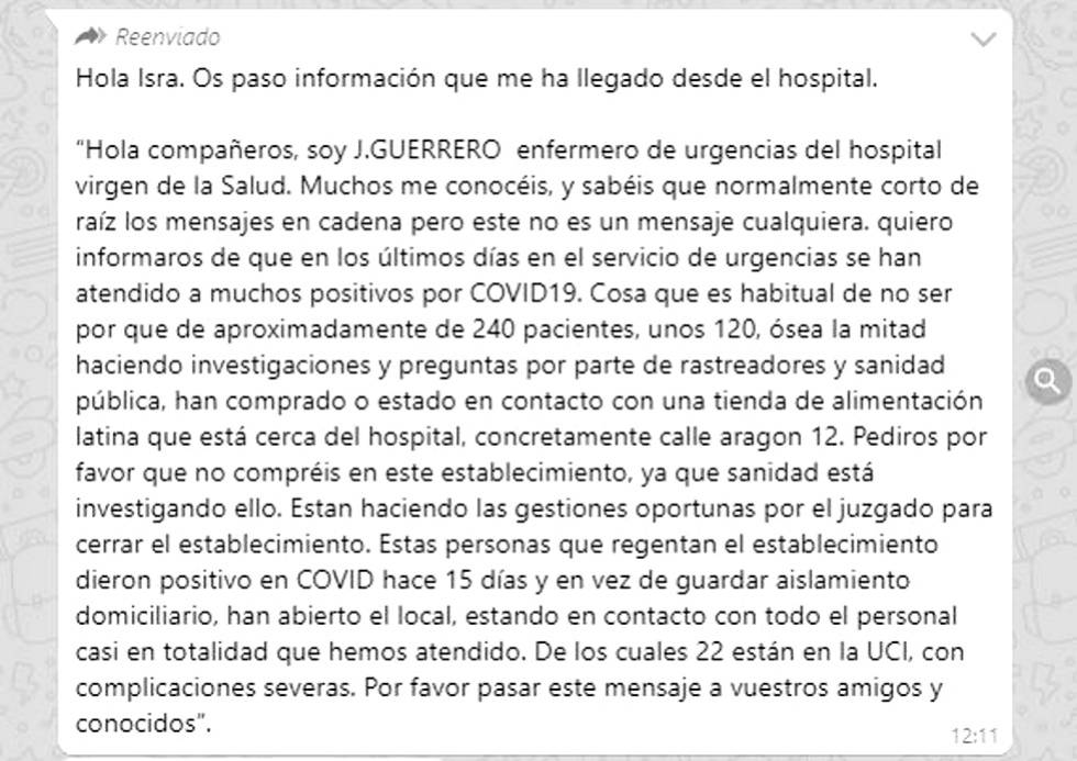 Bulo sobre la tienda Mi Pueblo Latino difundido en WhatsApp.