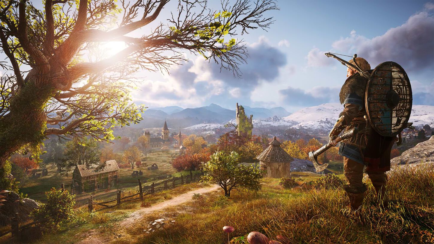 Captura de pantalla de Assassin's Creed Valhalla que muestra a un vikingo en un paisaje británico