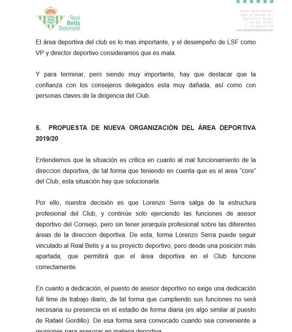 Parte del informe del despido de Serra Ferrer en el Betis