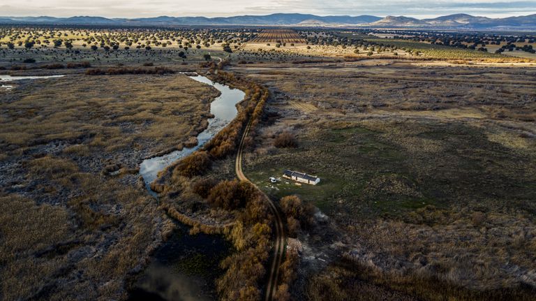 Vista aérea del río Guadiana, a la izquierda, y de la Isla del Morenillo, una zona que debería estar completamente inundada.